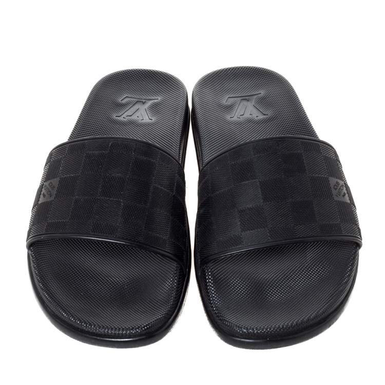 Pre Owned Louis Vuitton Black Damier Embossed Rubber Waterfront Flat Slides Size 41