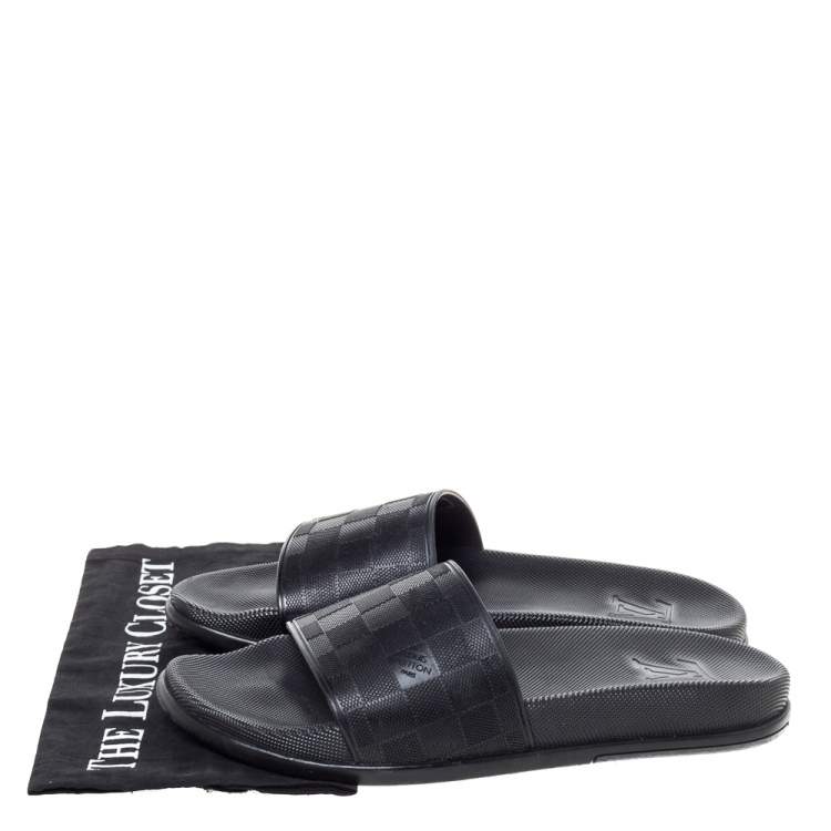 Pre Owned Louis Vuitton Black Damier Embossed Rubber Waterfront Flat Slides Size 41