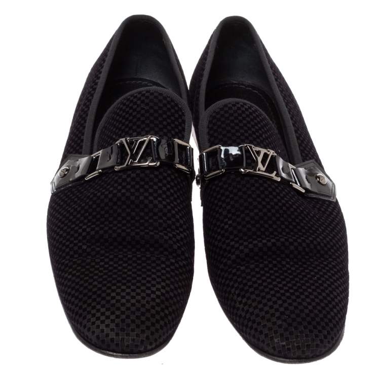 Pre Owned Louis Vuitton Black Checkered Suede Smoking Slippers Size 44.5