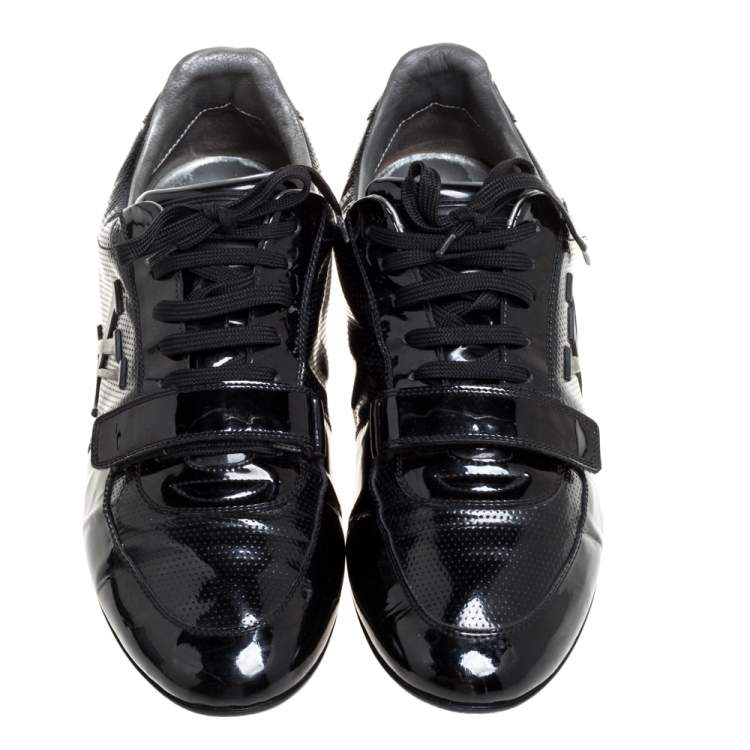Pre Owned Louis Vuitton Black Perforated Patent Leather Vintage Velcro Strap Sneakers 42