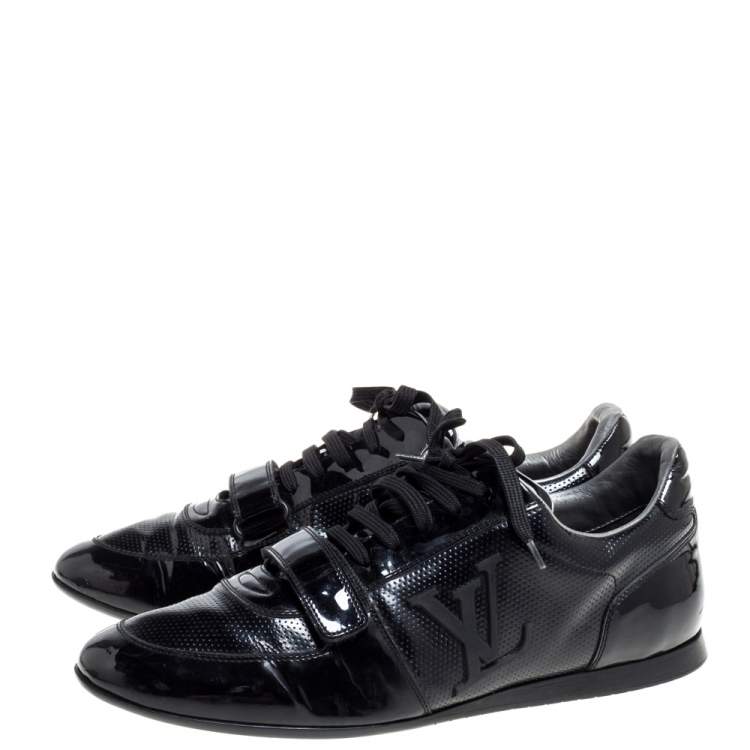 Pre Owned Louis Vuitton Black Perforated Patent Leather Vintage Velcro Strap Sneakers 42