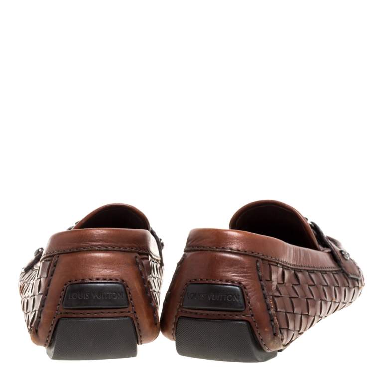 Pre Owned Louis Vuitton Brown Woven Leather Monte Carlo Slip On Loafers Size 43