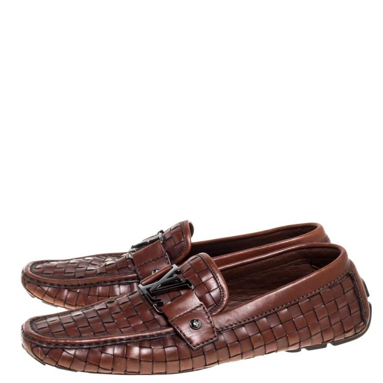 Pre Owned Louis Vuitton Brown Woven Leather Monte Carlo Slip On Loafers Size 43