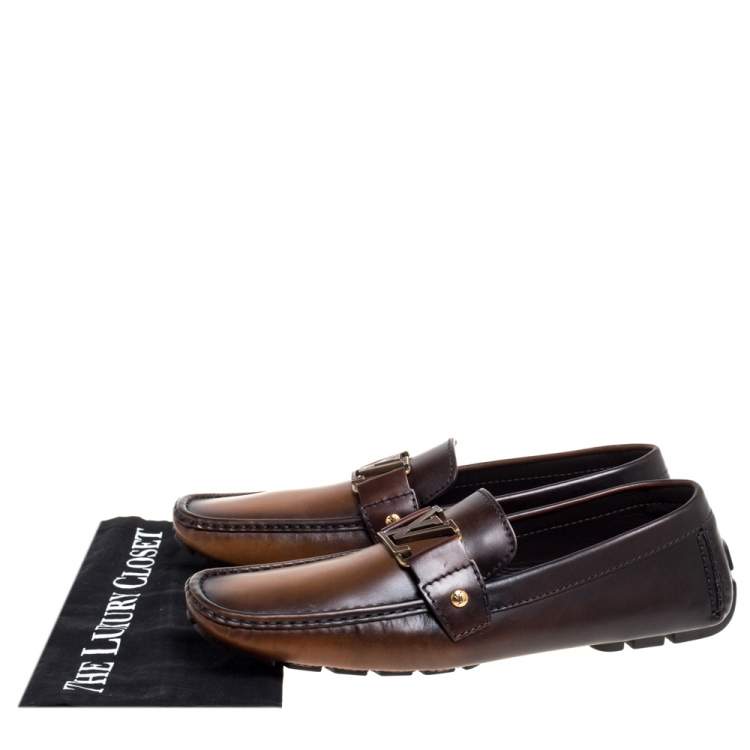 Pre Owned Louis Vuitton Brown/Black Ombre Leather Monte Carlo Slip On Loafers Size 43.5