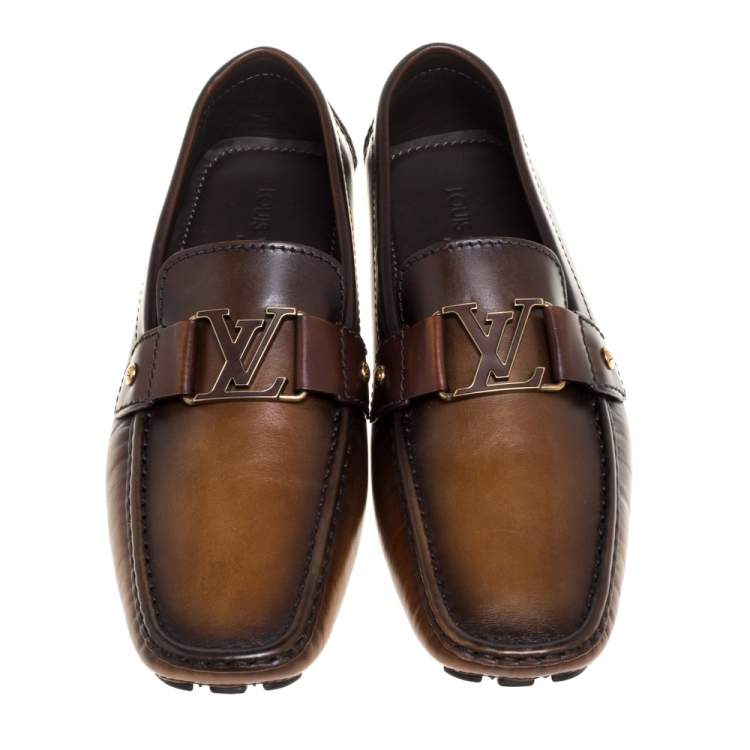 Pre Owned Louis Vuitton Brown/Black Ombre Leather Monte Carlo Slip On Loafers Size 43.5