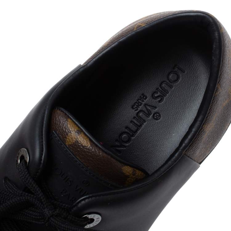Pre Owned Louis Vuitton Black Leather And Monogram Canvas Line Up Low Top Sneakers Size 43.5