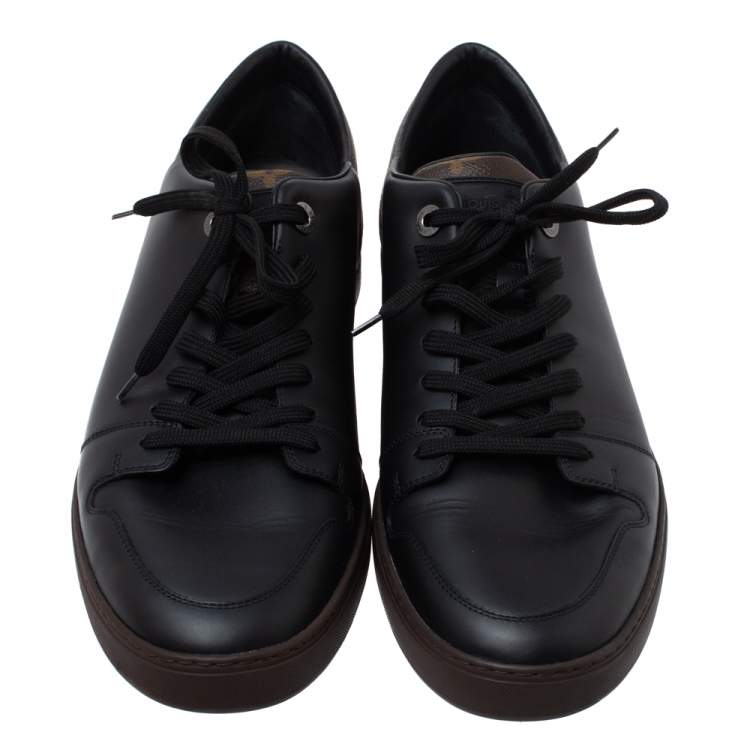 Pre Owned Louis Vuitton Black Leather And Monogram Canvas Line Up Low Top Sneakers Size 43.5
