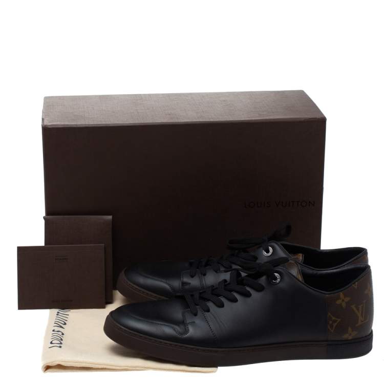 Pre Owned Louis Vuitton Black Leather And Monogram Canvas Line Up Low Top Sneakers Size 43.5