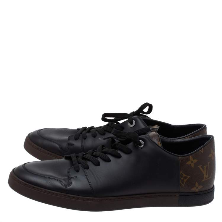 Pre Owned Louis Vuitton Black Leather And Monogram Canvas Line Up Low Top Sneakers Size 43.5