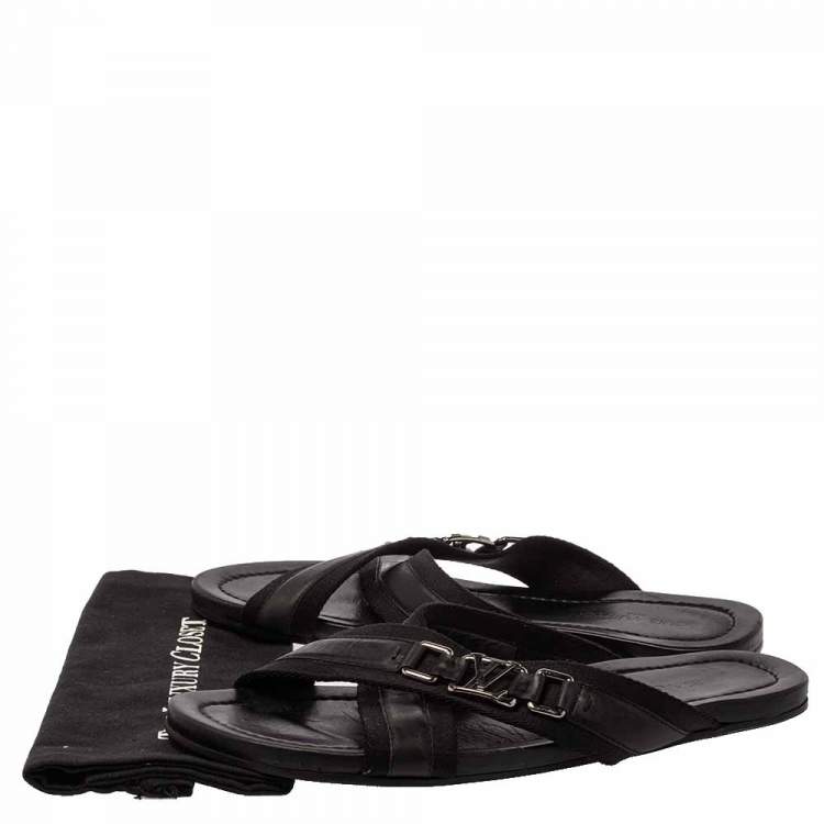 Pre Owned Louis Vuitton Black Leather And Canvas Criss-Cross Flat Sandals Size 46.5