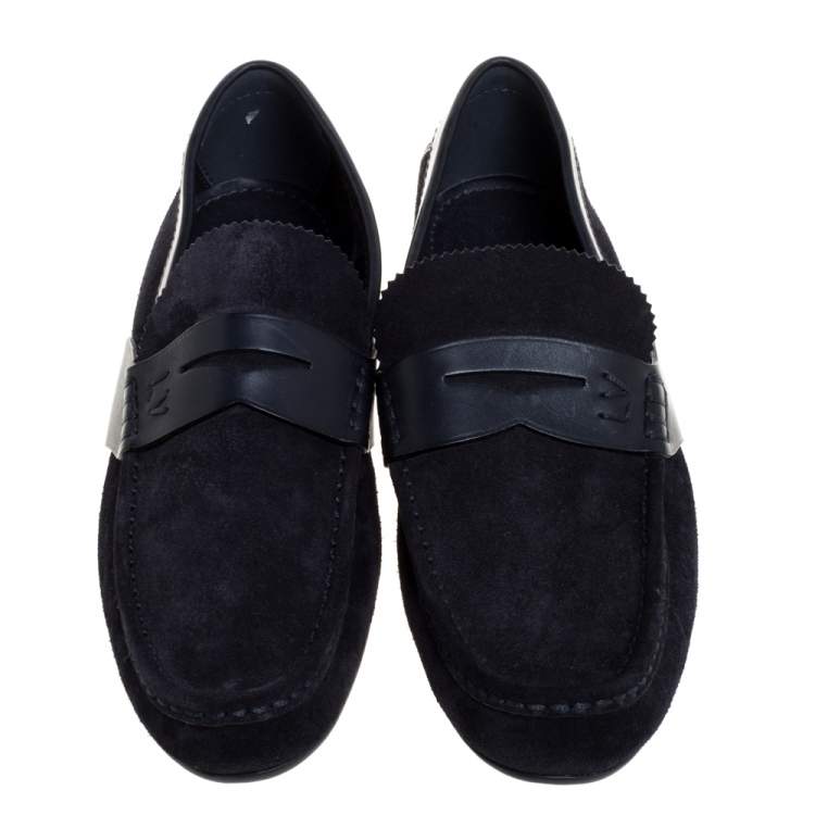 Pre Owned Louis Vuitton Navy Blue Suede and Leather Slip On Loafers Size 41