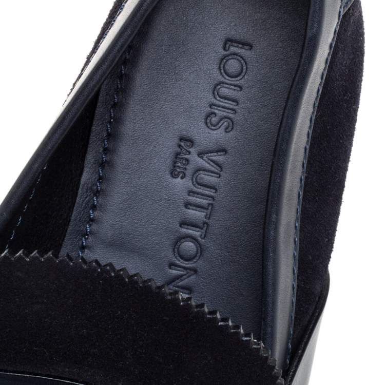 Pre Owned Louis Vuitton Navy Blue Suede and Leather Slip On Loafers Size 41