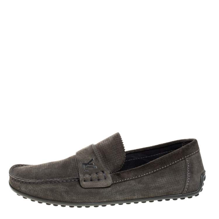 Pre Owned Louis Vuitton Olive Green Suede Slip On Loafers Size 41.5
