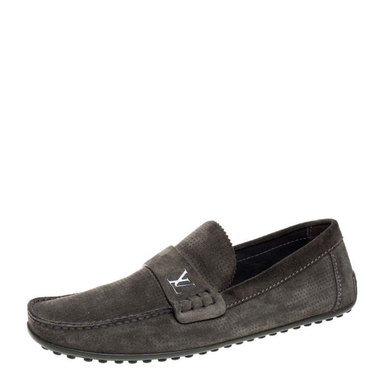 Pre Owned Louis Vuitton Olive Green Suede Slip On Loafers Size 41.5