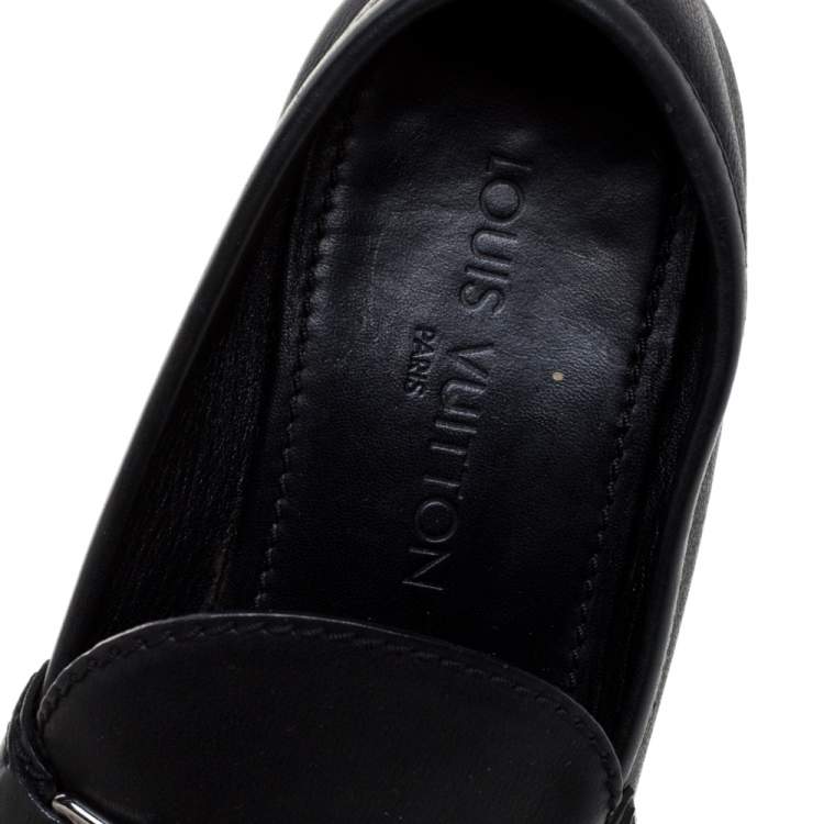 Pre Owned Louis Vuitton Black Leather Logo Slip On Loafers Size 41