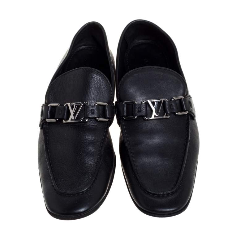 Pre Owned Louis Vuitton Black Leather Logo Slip On Loafers Size 41