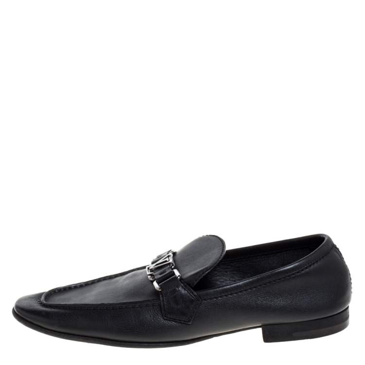 Pre Owned Louis Vuitton Black Leather Logo Slip On Loafers Size 41