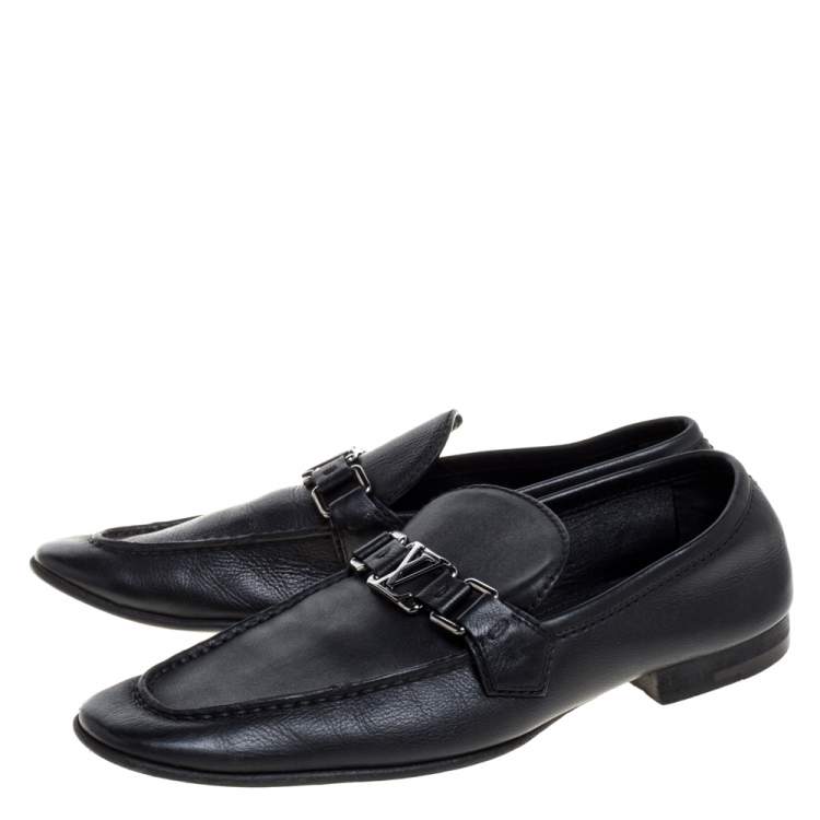 Pre Owned Louis Vuitton Black Leather Logo Slip On Loafers Size 41
