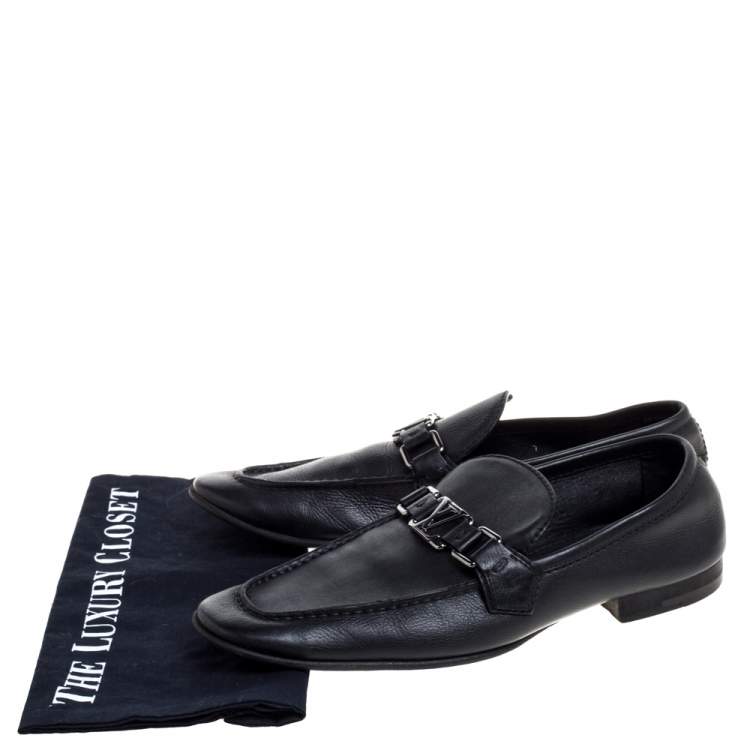 Pre Owned Louis Vuitton Black Leather Logo Slip On Loafers Size 41