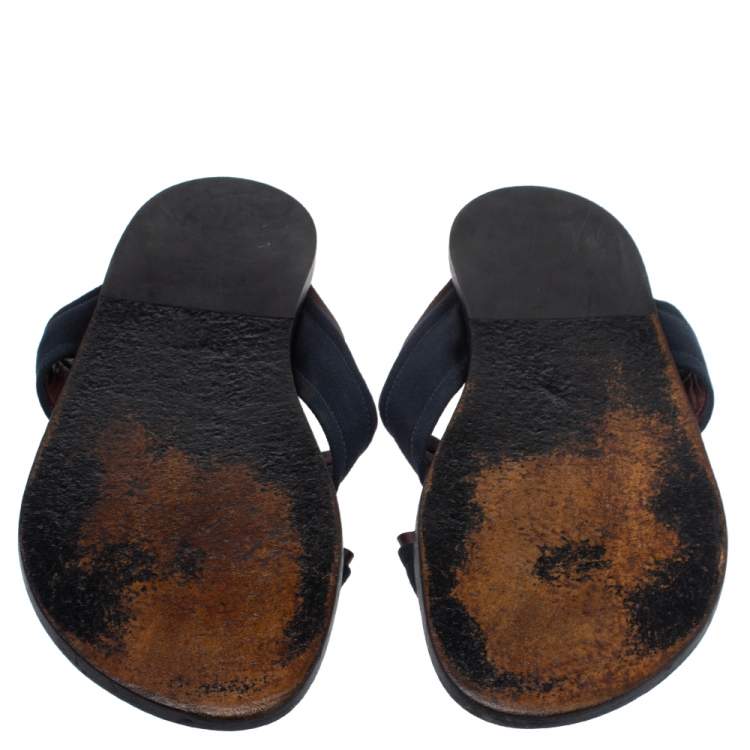 Pre Owned Louis Vuitton Blue Canvas And Brown Leather Trim Cross Strap Flat Slides Size 43.5