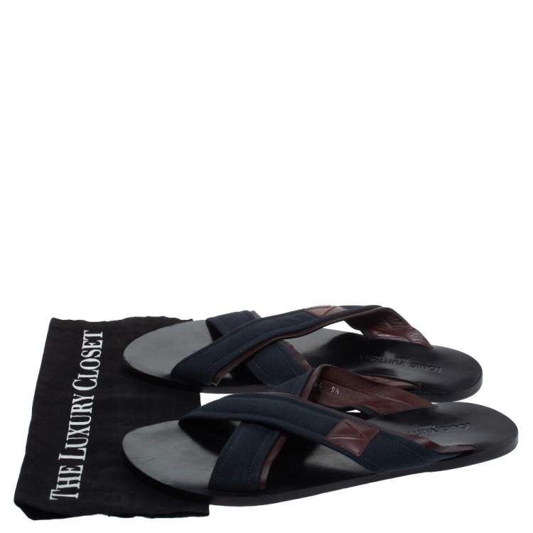 Pre Owned Louis Vuitton Blue Canvas And Brown Leather Trim Cross Strap Flat Slides Size 43.5