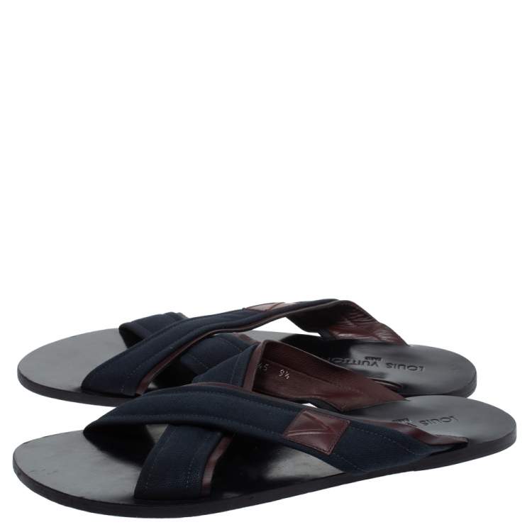 Pre Owned Louis Vuitton Blue Canvas And Brown Leather Trim Cross Strap Flat Slides Size 43.5