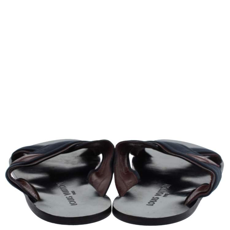 Pre Owned Louis Vuitton Blue Canvas And Brown Leather Trim Cross Strap Flat Slides Size 43.5