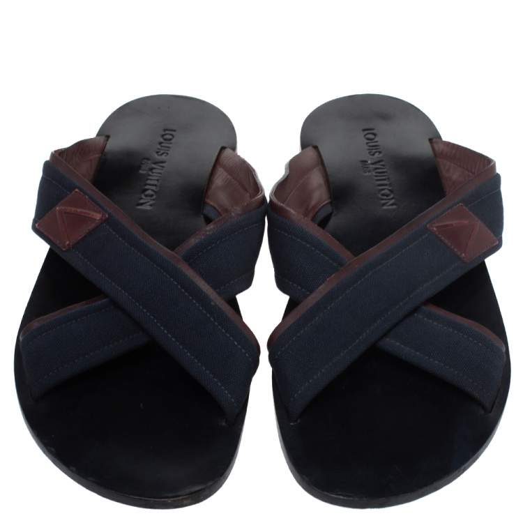 Pre Owned Louis Vuitton Blue Canvas And Brown Leather Trim Cross Strap Flat Slides Size 43.5