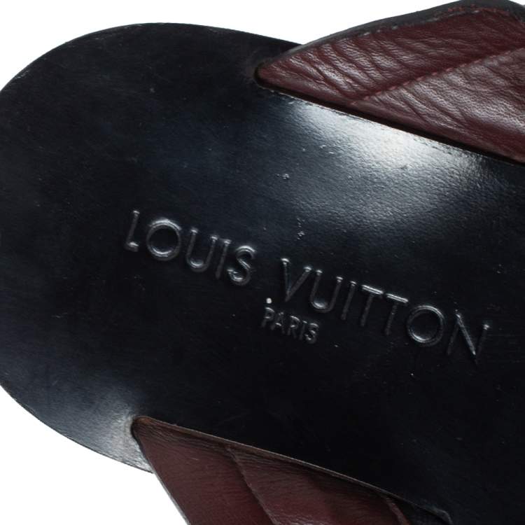 Pre Owned Louis Vuitton Blue Canvas And Brown Leather Trim Cross Strap Flat Slides Size 43.5