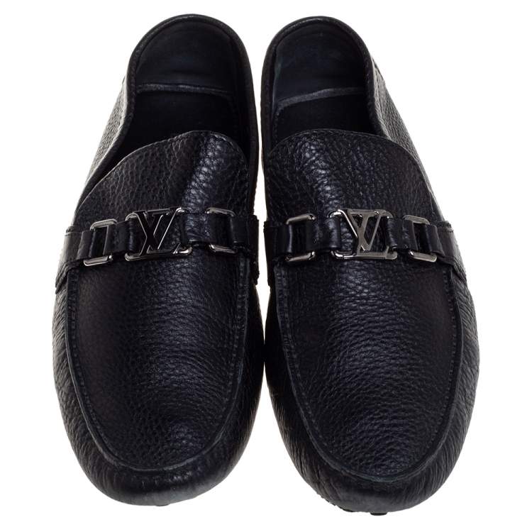 Pre Owned Louis Vuitton Black Leather Hockenheim Logo Detail Slip On Loafers Size 43