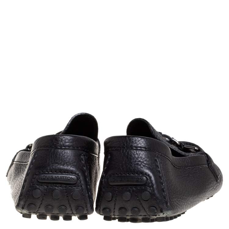Pre Owned Louis Vuitton Black Leather Hockenheim Logo Detail Slip On Loafers Size 43