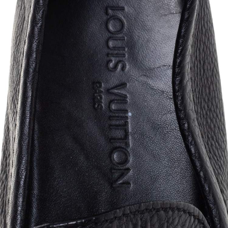 Pre Owned Louis Vuitton Black Leather Hockenheim Logo Detail Slip On Loafers Size 43