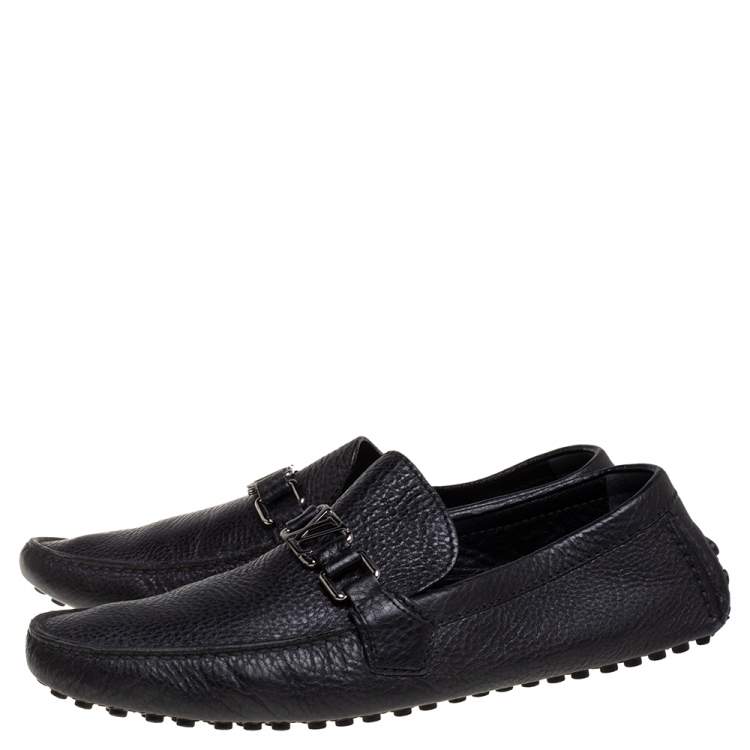 Pre Owned Louis Vuitton Black Leather Hockenheim Logo Detail Slip On Loafers Size 43
