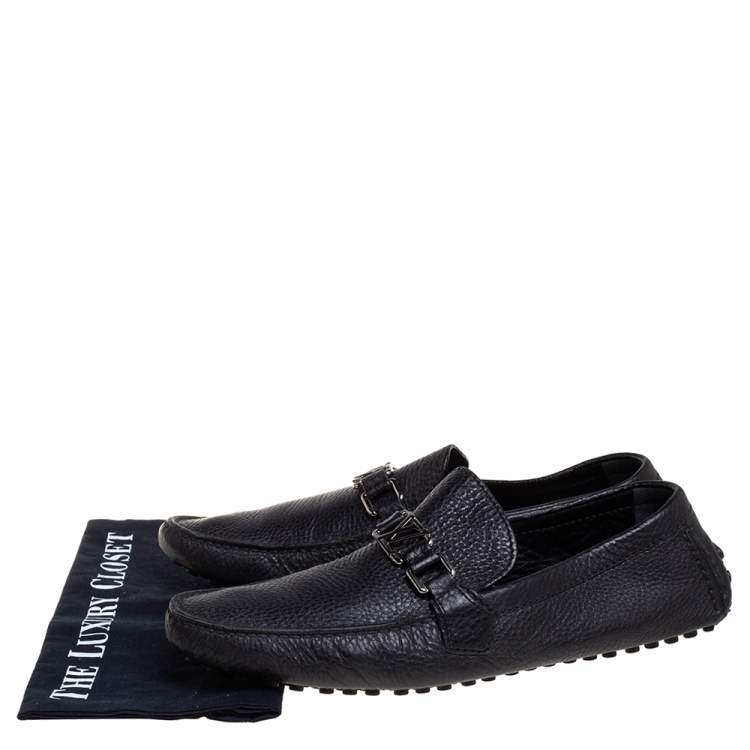 Pre Owned Louis Vuitton Black Leather Hockenheim Logo Detail Slip On Loafers Size 43
