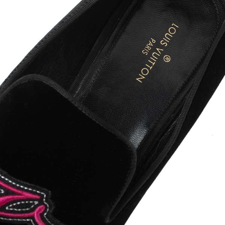 Pre Owned Louis Vuitton Black Velvet Embroidered Auteuil Loafers Size 42