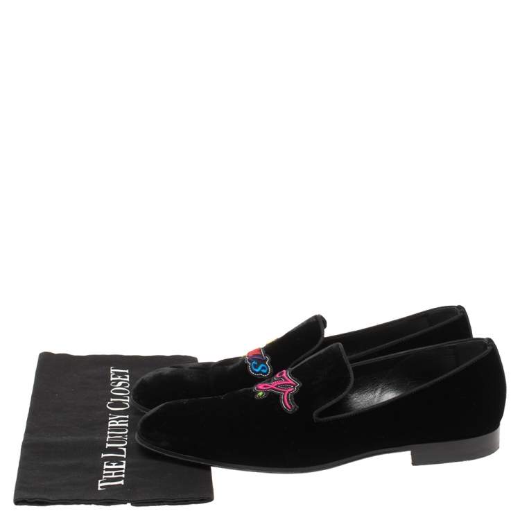 Pre Owned Louis Vuitton Black Velvet Embroidered Auteuil Loafers Size 42