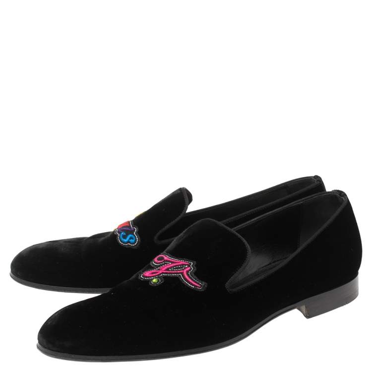 Pre Owned Louis Vuitton Black Velvet Embroidered Auteuil Loafers Size 42
