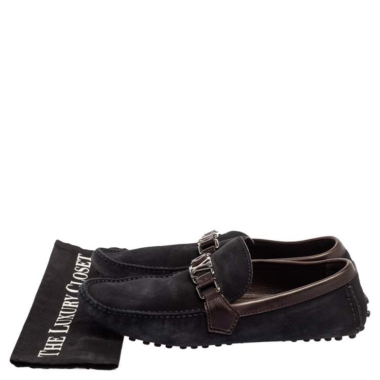 Pre Owned Louis Vuitton Dark Blue/Brown Suede Hockenheim Loafers Size 42
