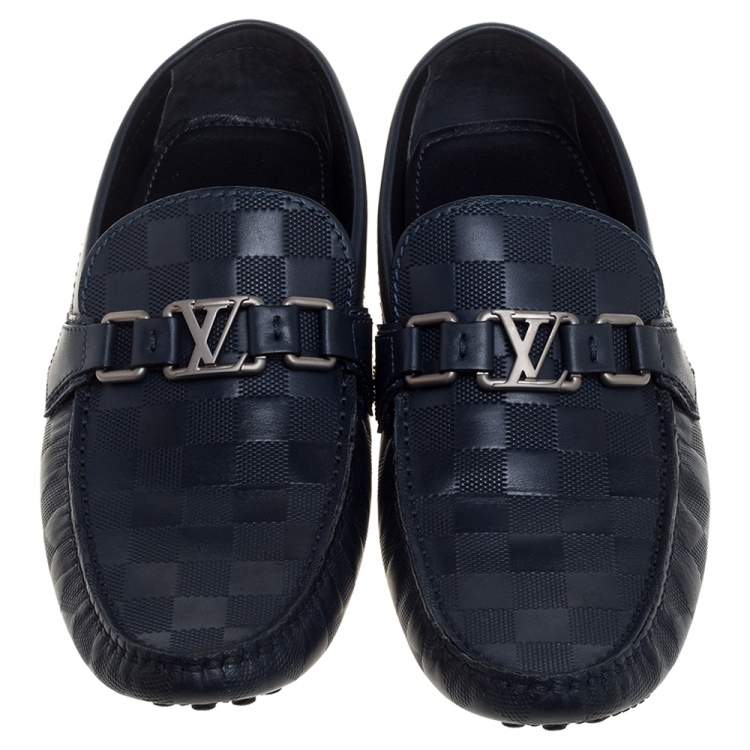 Pre Owned Louis Vuitton Blue Damier Infini Leather Major Logo Slip On Loafers Size 41.5