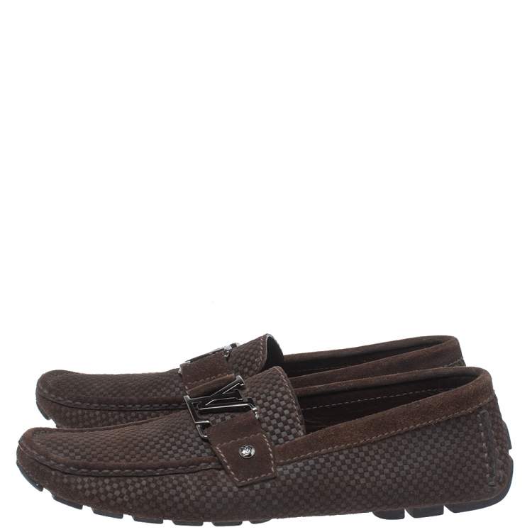 Pre Owned Louis Vuitton Brown Suede Damier Ebene Check Monte Carlo Loafers Size 42