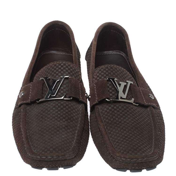 Pre Owned Louis Vuitton Brown Suede Damier Ebene Check Monte Carlo Loafers Size 42