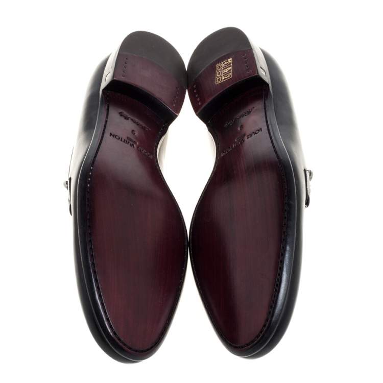 Pre Owned Louis Vuitton Black Leather Emblem Loafers Size 43