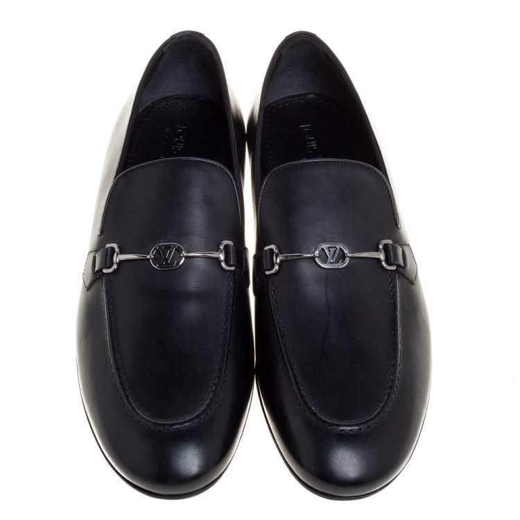 Pre Owned Louis Vuitton Black Leather Emblem Loafers Size 43
