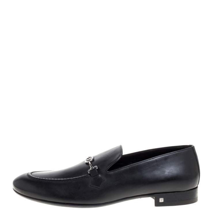 Pre Owned Louis Vuitton Black Leather Emblem Loafers Size 43