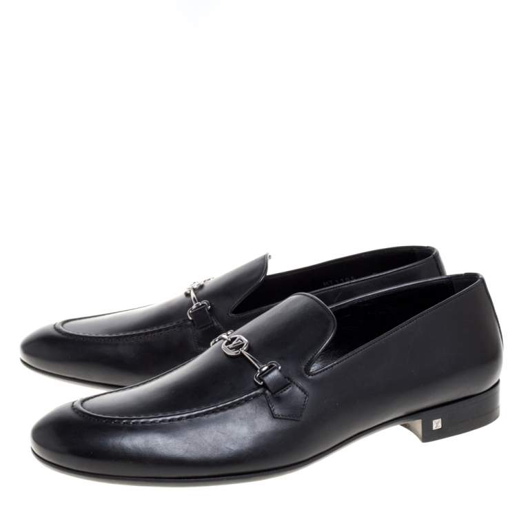 Pre Owned Louis Vuitton Black Leather Emblem Loafers Size 43