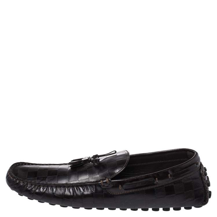 Pre Owned Louis Vuitton Brown Damier Embossed Leather Bow Tassel Loafer Size 44.5