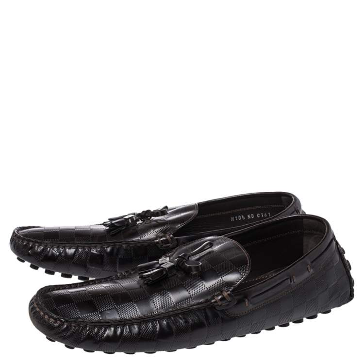 Pre Owned Louis Vuitton Brown Damier Embossed Leather Bow Tassel Loafer Size 44.5