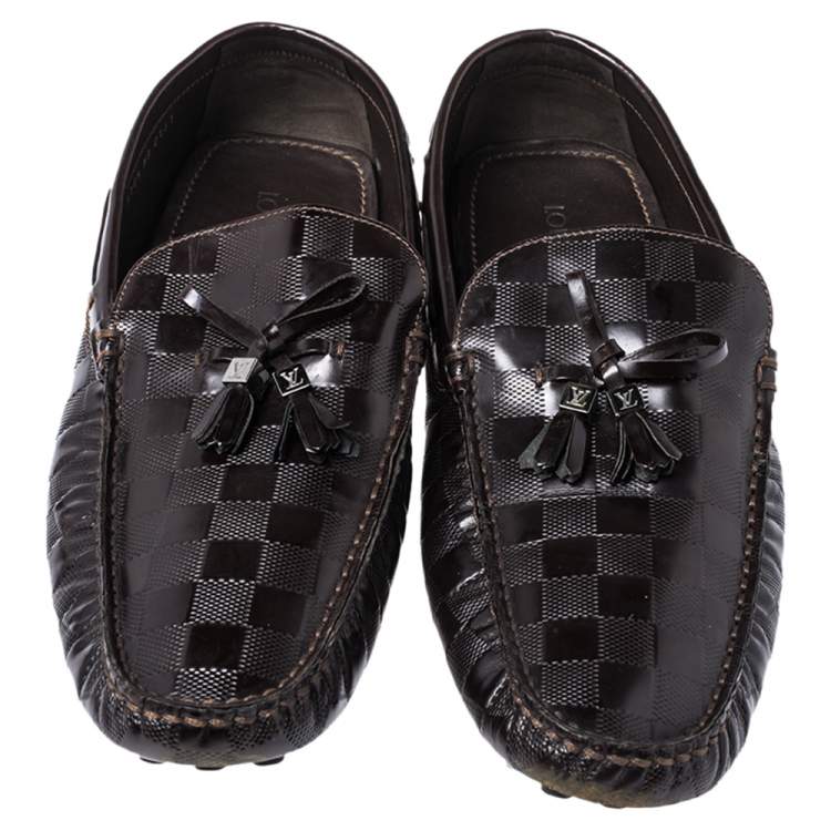Pre Owned Louis Vuitton Brown Damier Embossed Leather Bow Tassel Loafer Size 44.5