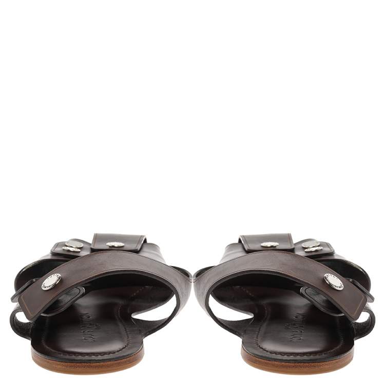 Pre Owned Louis Vuitton Brown Leather Serengeti Flat Sandals Size 42