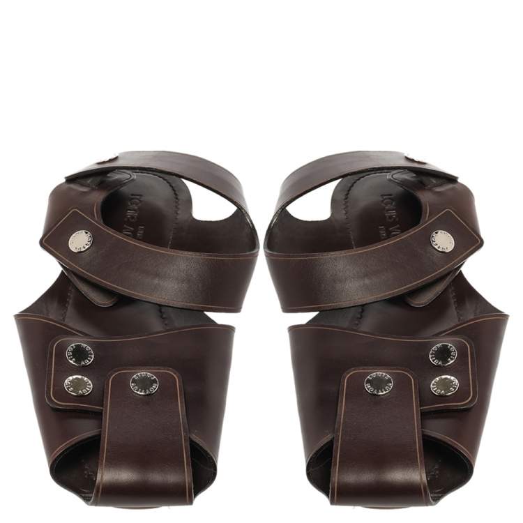 Pre Owned Louis Vuitton Brown Leather Serengeti Flat Sandals Size 42